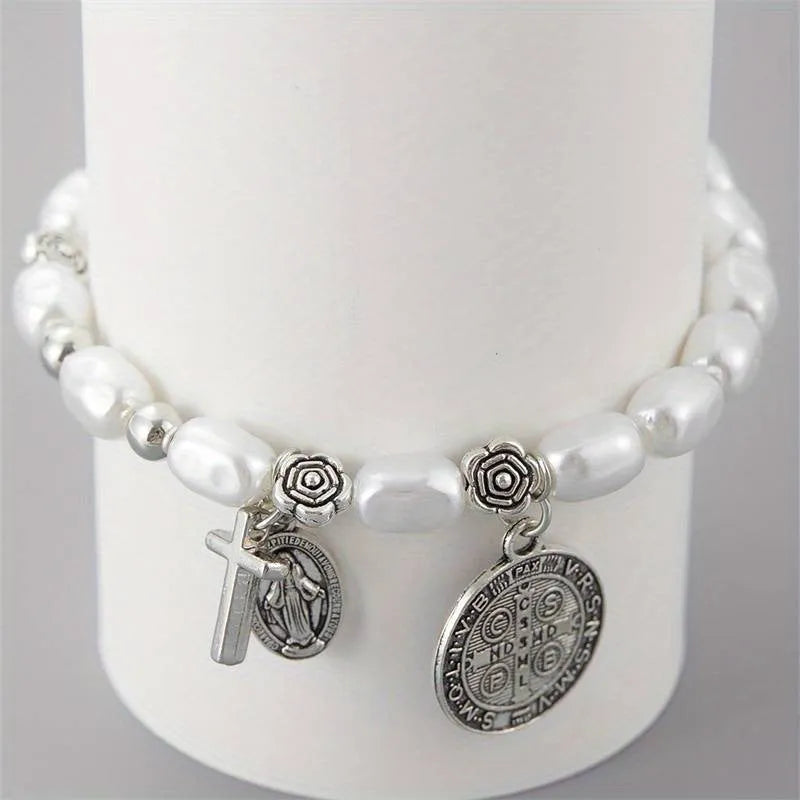 Silver electroplated metal beaded flower bracelet for women, retro style.