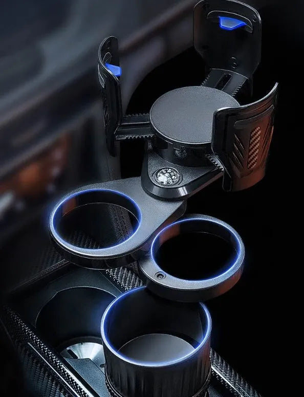 One Point Four adjustable car water cup holder in carbon fibre black showing retractable base.