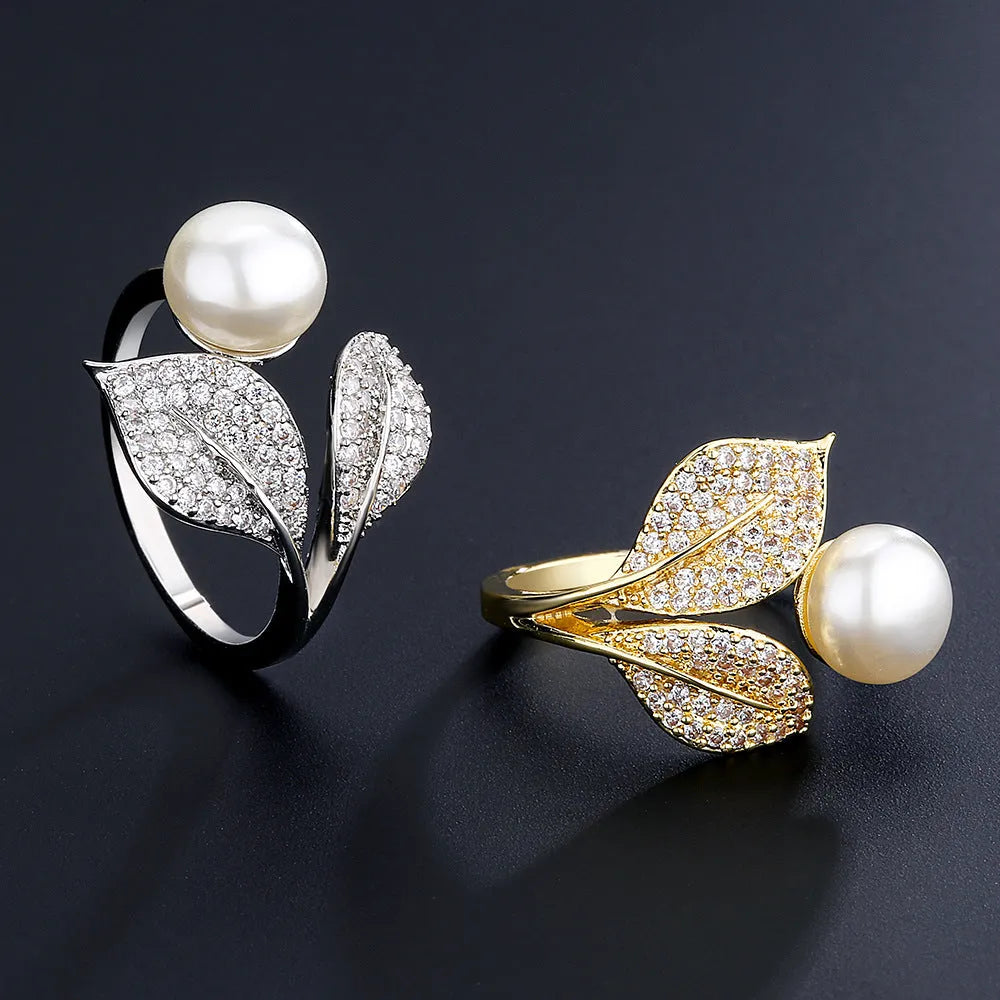 Exquisite Leaf Zircon Open Ring with silver-tone leaf motif and cubic zirconia stones on adjustable band