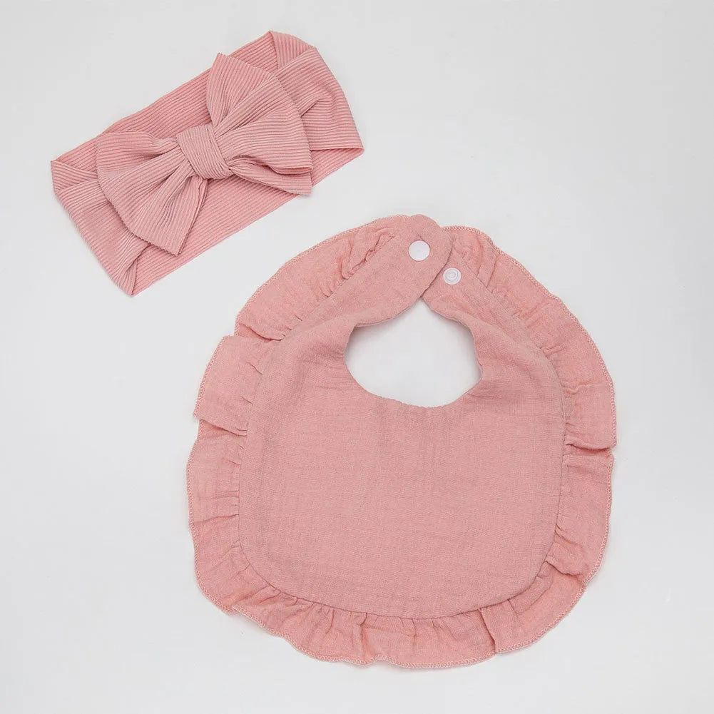 Pure cotton baby bib and headband set in solid colour for girls, absorbent and machine washable