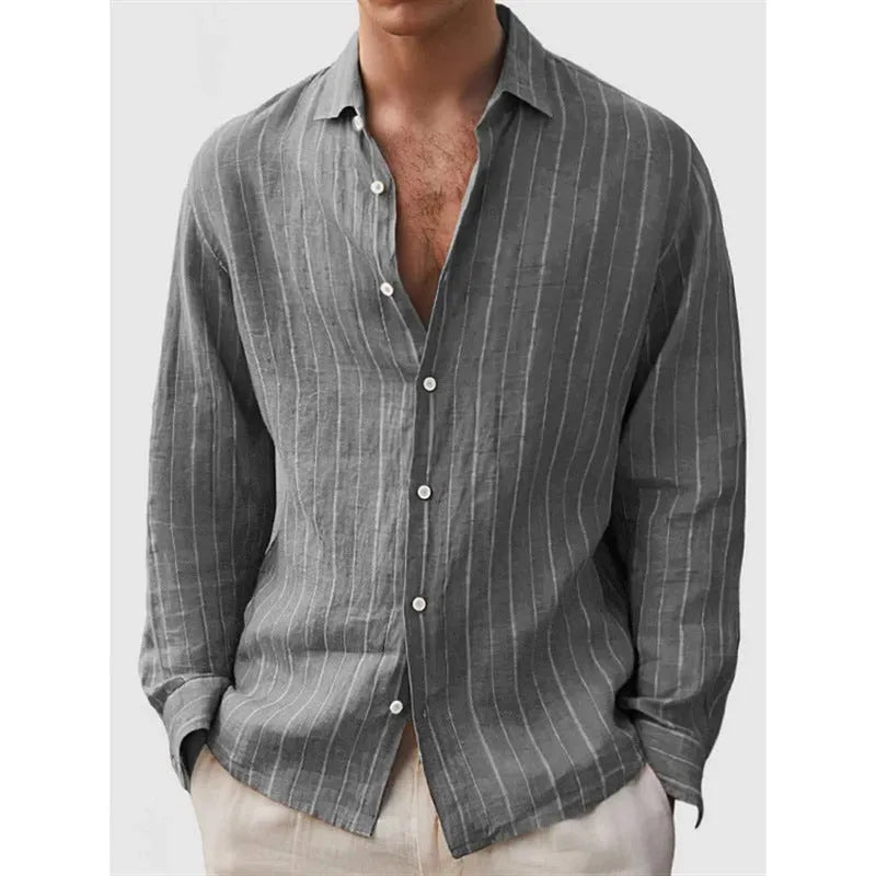 Men's loose fit striped print cardigan shirt in polyester with short sleeves