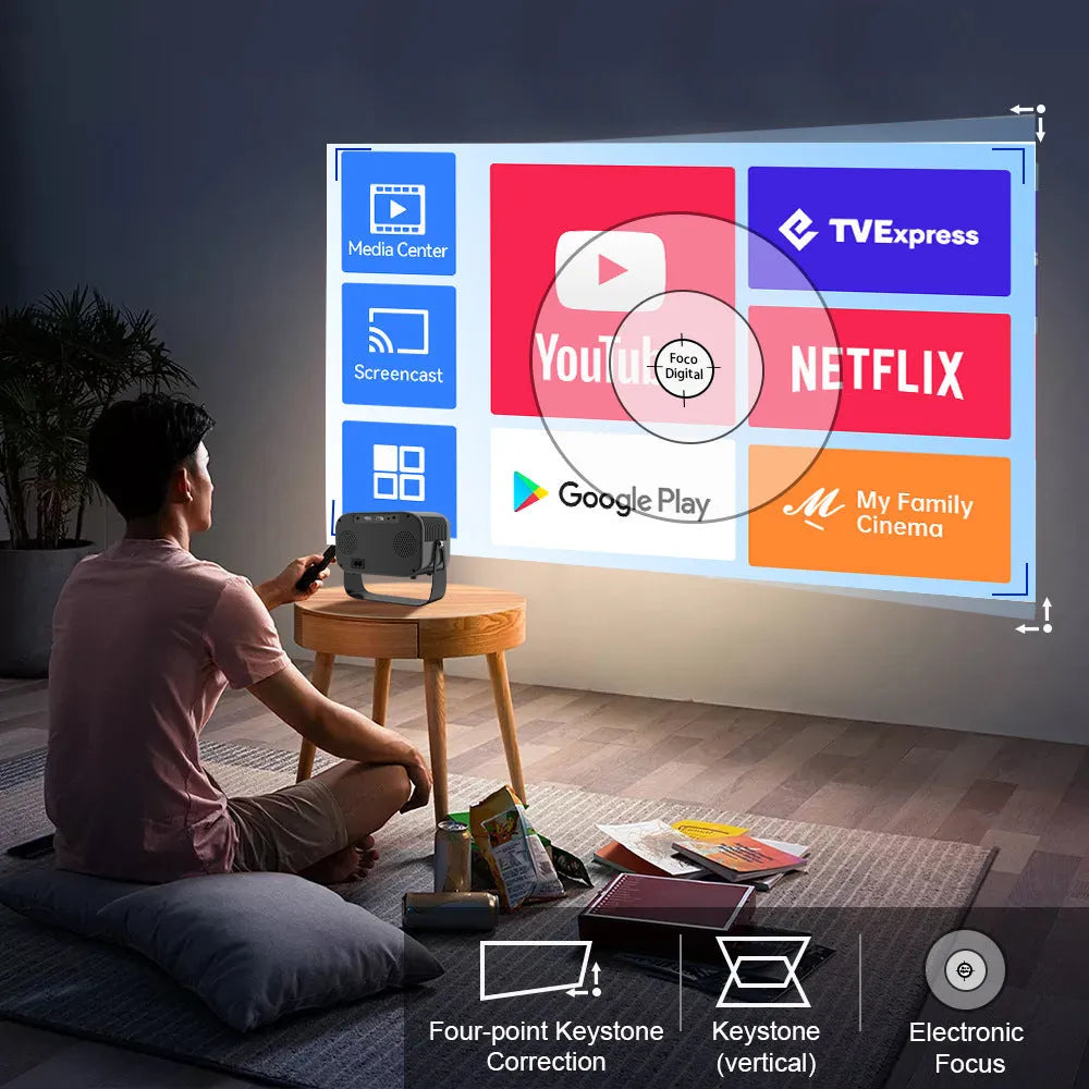 Black portable HD projector with Android OS showing 1280x720 resolution display