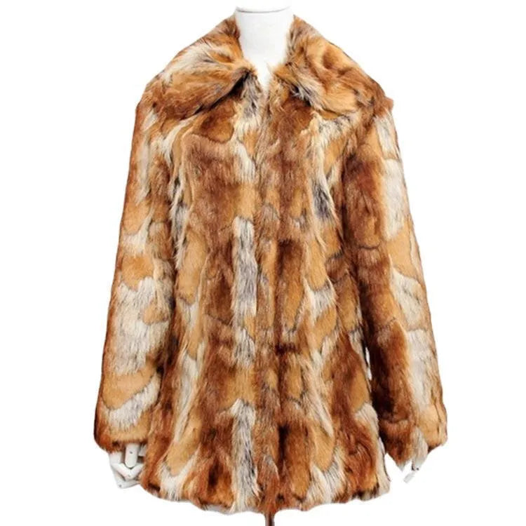 Women's slim-fit faux fur leather jacket with tiger pattern print, medium length with regular long sleeves.