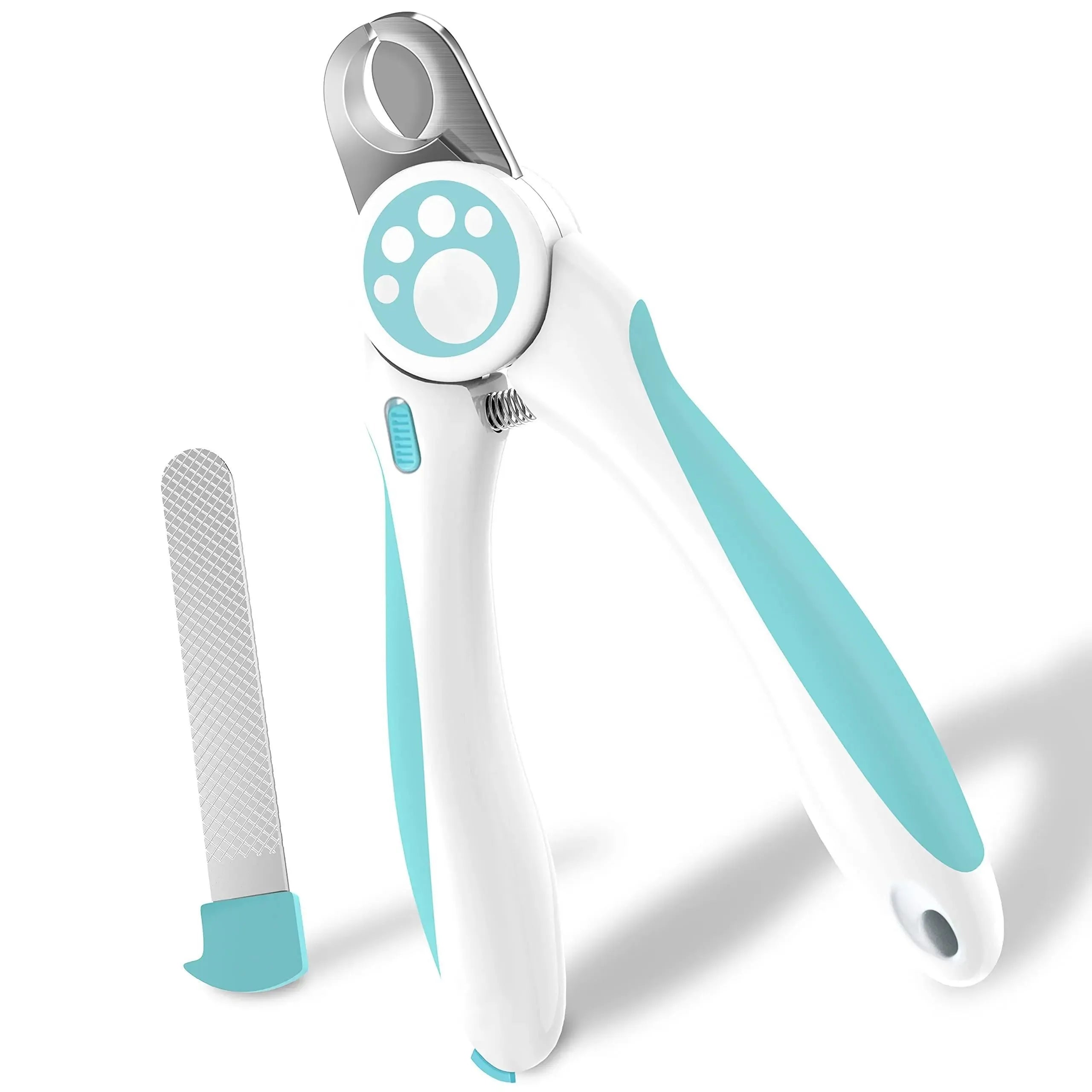 Blue and white pet nail clippers for dogs and cats with safety lock and file.