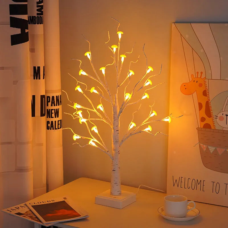 60cm tall white birch LED tree lamp with small mushroom-shaped lights on branches.