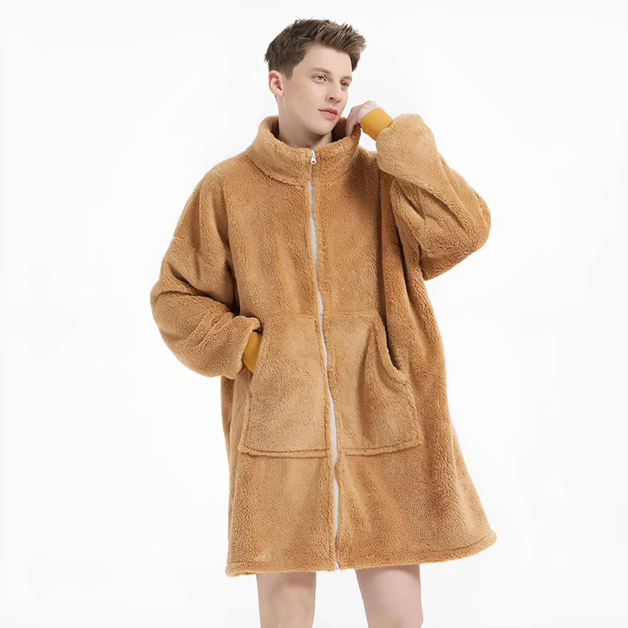 Men's camel polar fleece zipper cardigan nightgown with long sleeves and round neck on a plain background