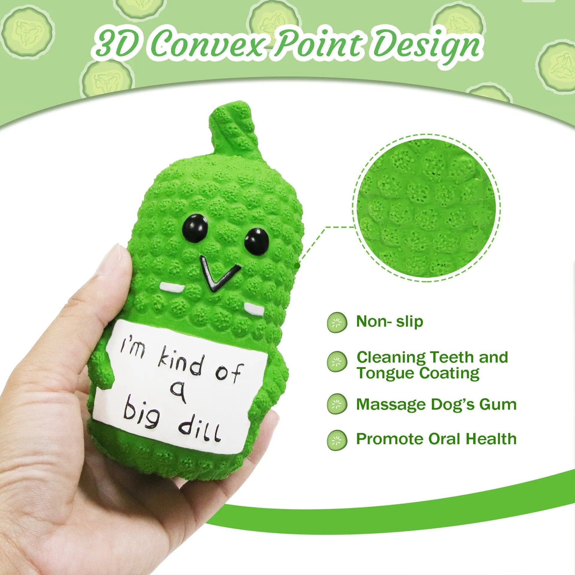 Green pickle shaped latex dog chew toy with textured surface and squeaker inside