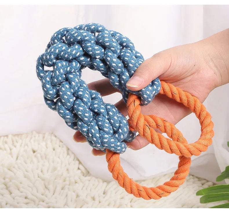Blue double-ring cotton dog chew toy with braided bone rope centre, shown at 37 cm length