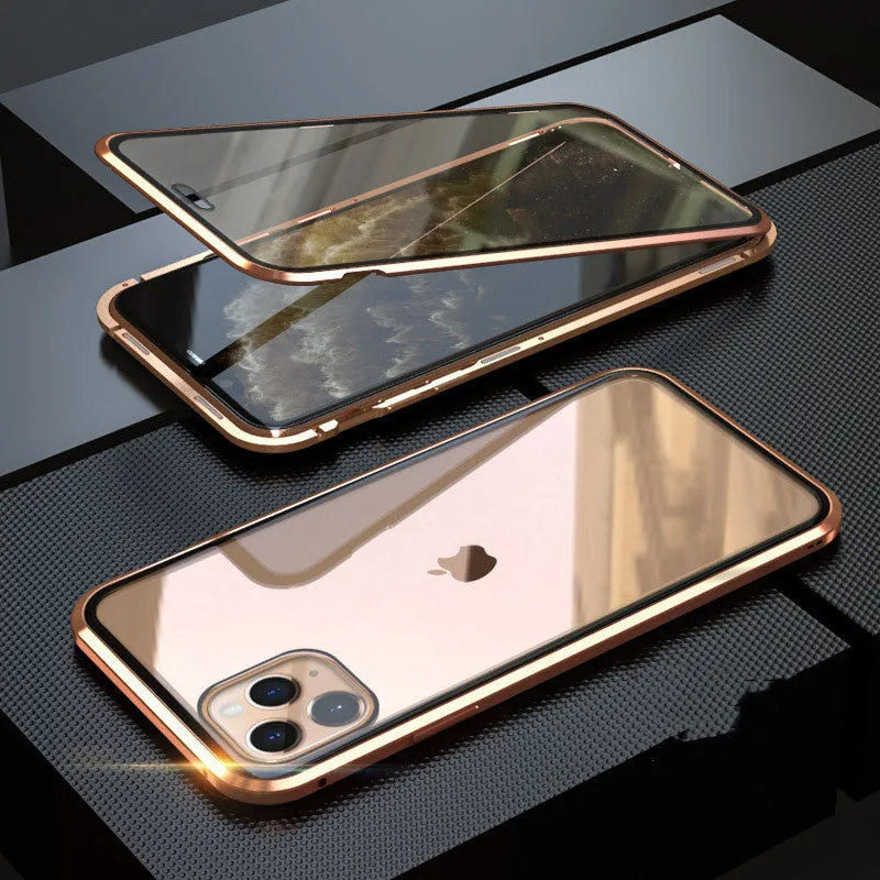 Tempered glass anti-spy phone case for iPhone with geometric pattern in black silver red gold green or blue