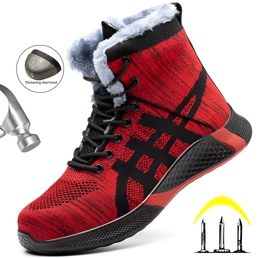 Winter plush lace-up safety boots for men with steel toe and warm lining