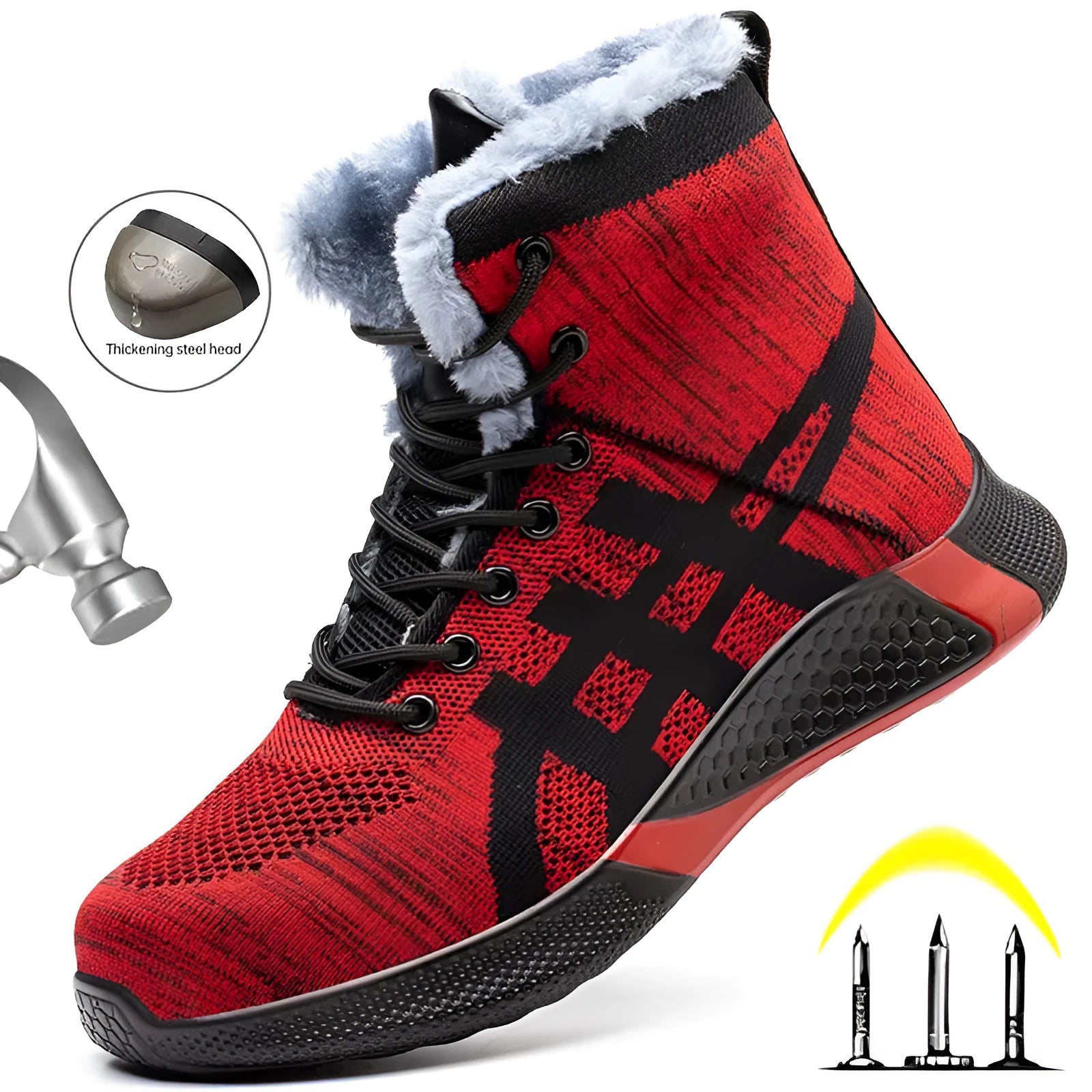 Winter plush lace-up safety boots for men with steel toe and warm lining
