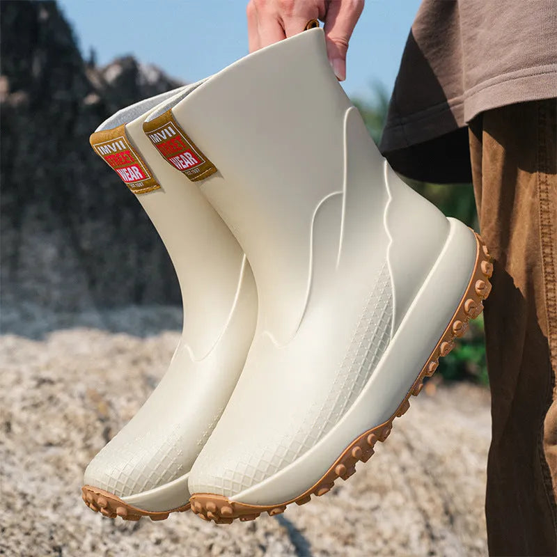 Men's mid-cut waterproof rain boots in four colours with non-slip plastic soles
