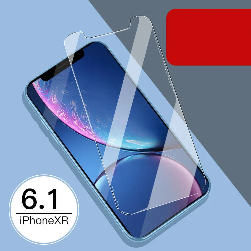 Tempered glass screen protector for iPhone showing front and rear film options.