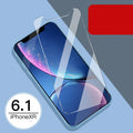 Tempered glass screen protector for iPhone showing front and rear film options.