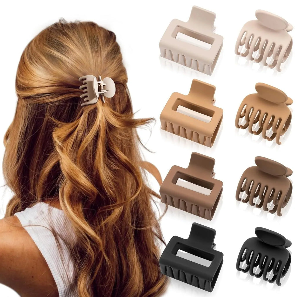 Set of six women's geometric hair clips with frosted plastic grip in rose red and nude colours