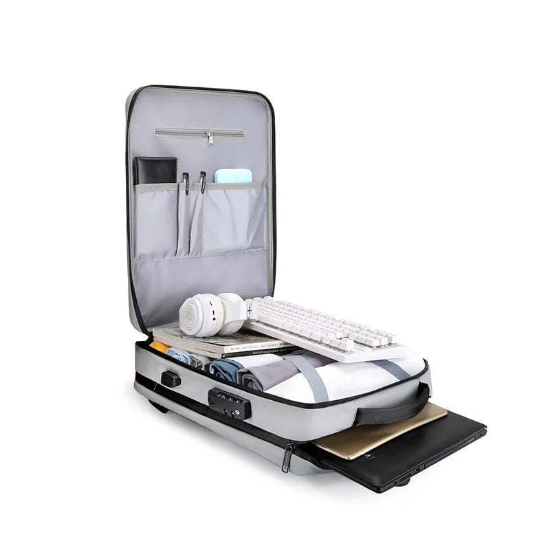 Black and silver white waterproof Oxford cloth business backpack shown in 15-inch and 17-inch size options.