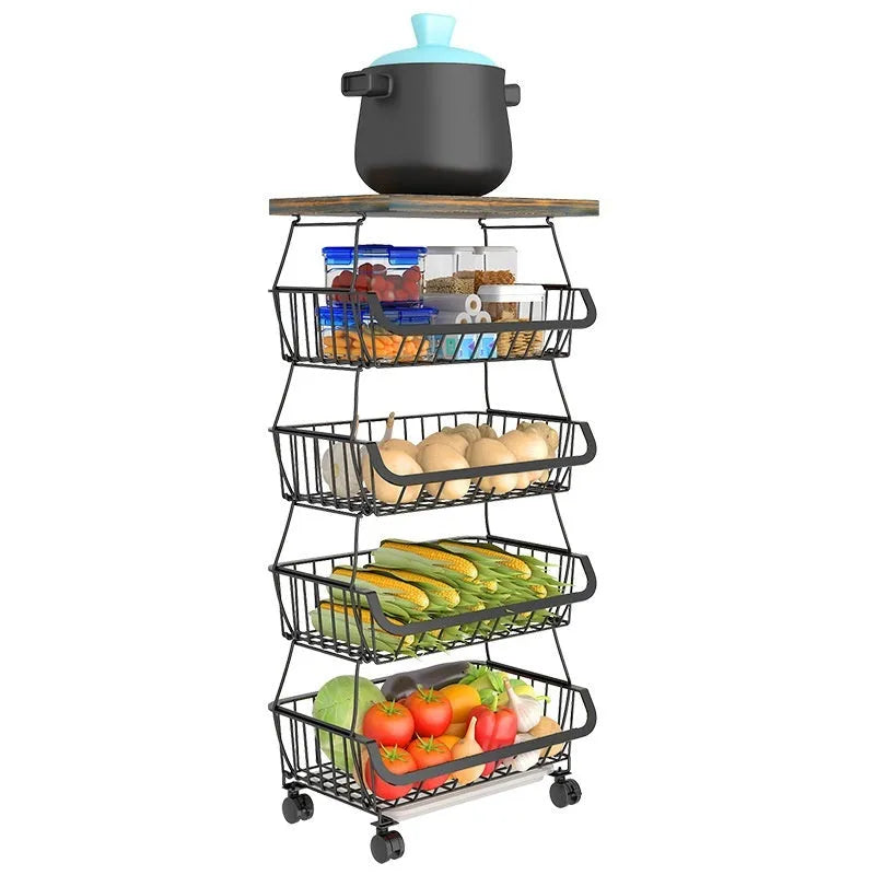 Black six-layer kitchen storage trolley with foldable design on floor