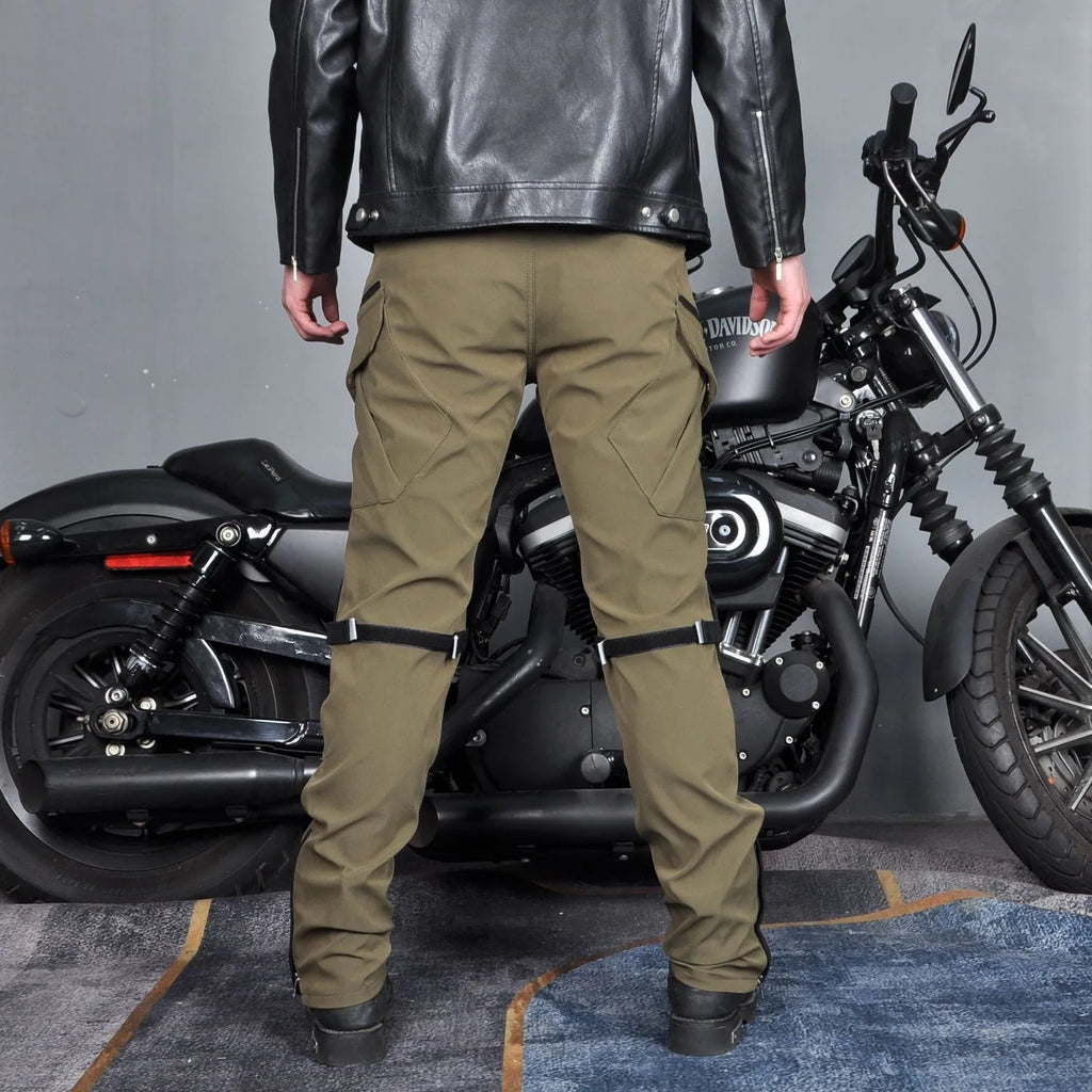Men's solid colour waterproof windproof motorcycle cycling pants with belt and protective knee pads