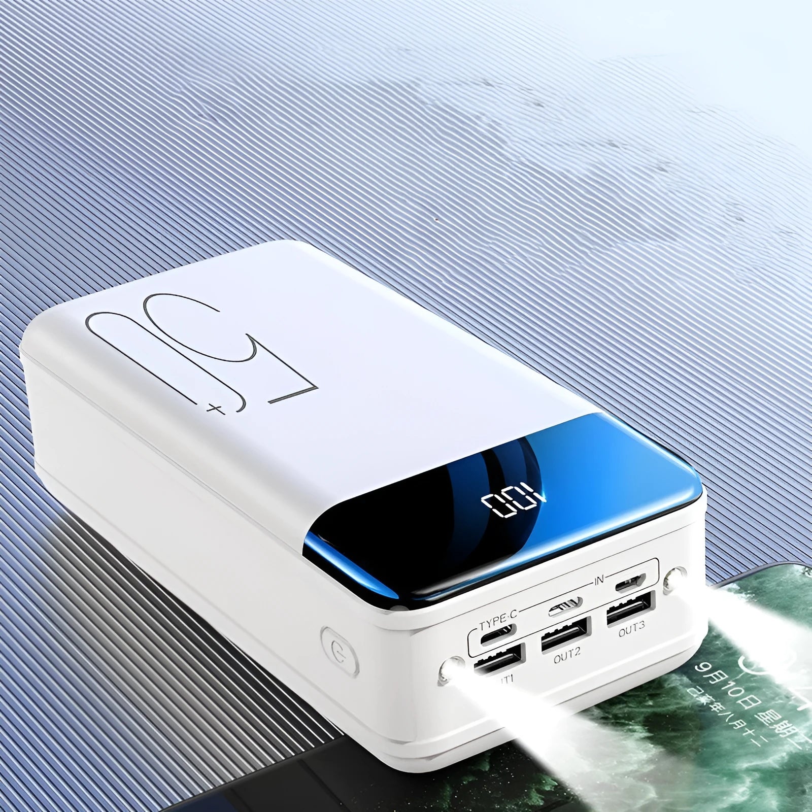 Black and white 50000mAh power bank with three charging ports