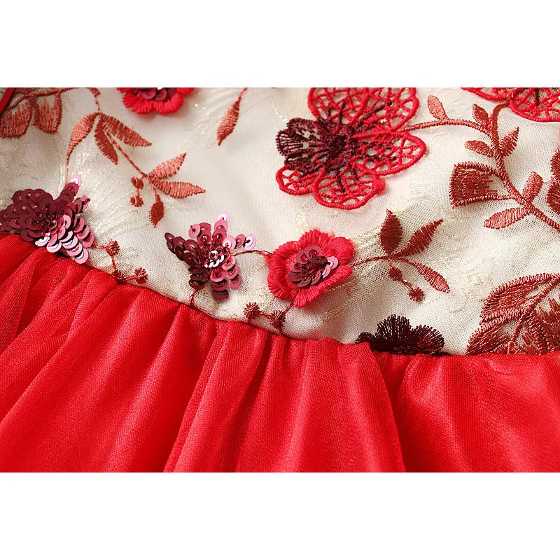 Girls' red flower print dress, chemical fibre blend, suitable height 73-95CM, spring autumn design