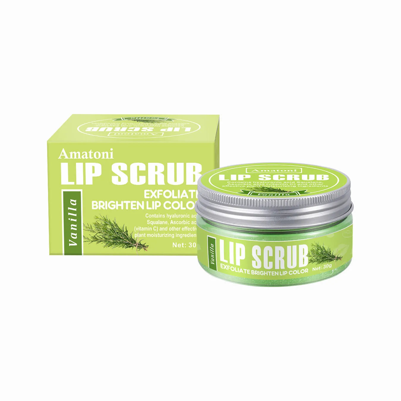 Amatoni Lip Scrub pot in Coconut, Raspberry, Vanilla, or Watermelon flavour, 30g net weight.