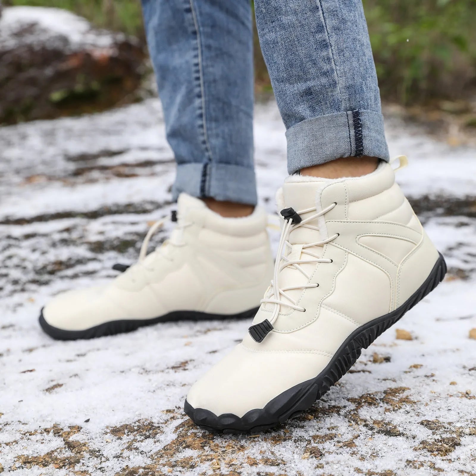 Beige and grey five-finger waterproof fleece-lined snow boots with rubber hiking outsoles.