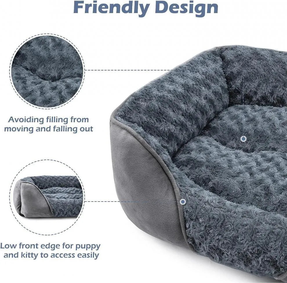 Beige stuffed kennel-style dog bed for a large golden retriever, showing plush nest design.