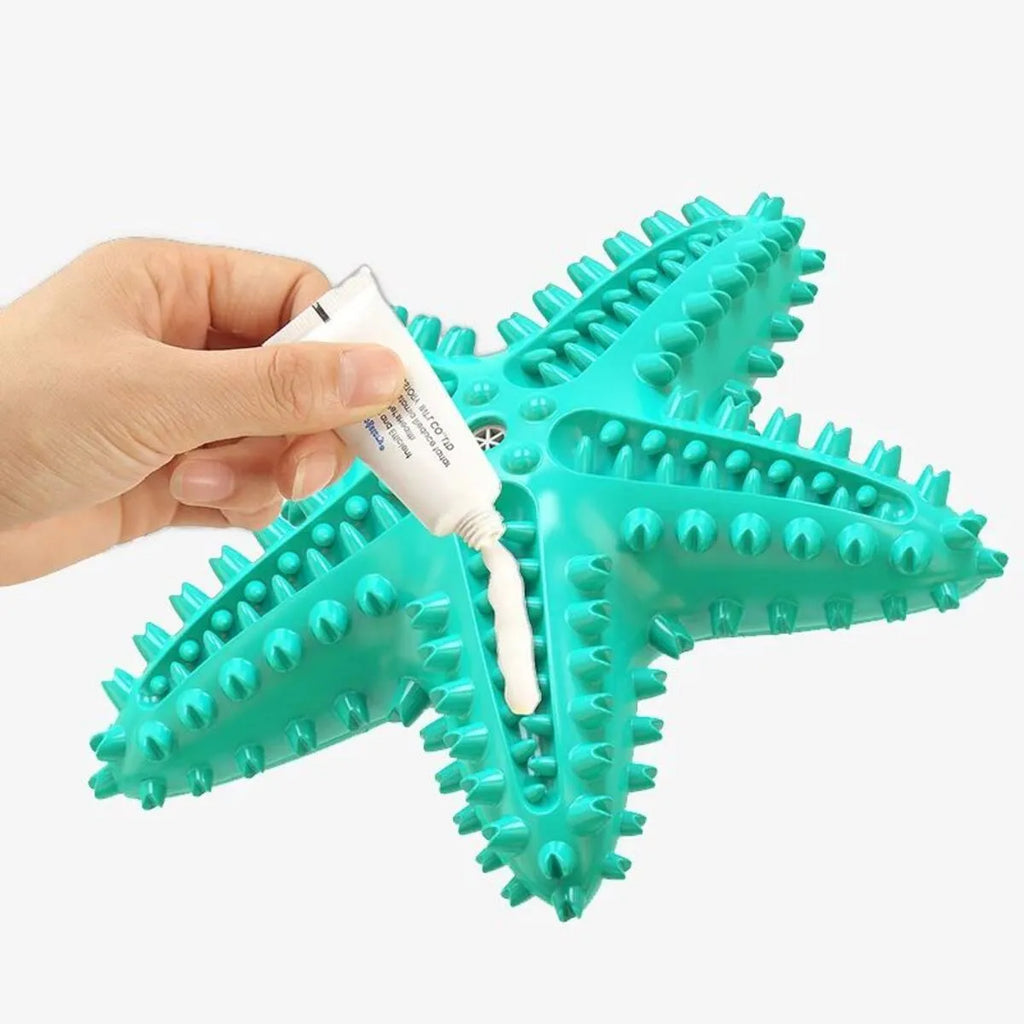 Edible TPR starfish-shaped dog chew toy with squeaker for large dogs in blue colour