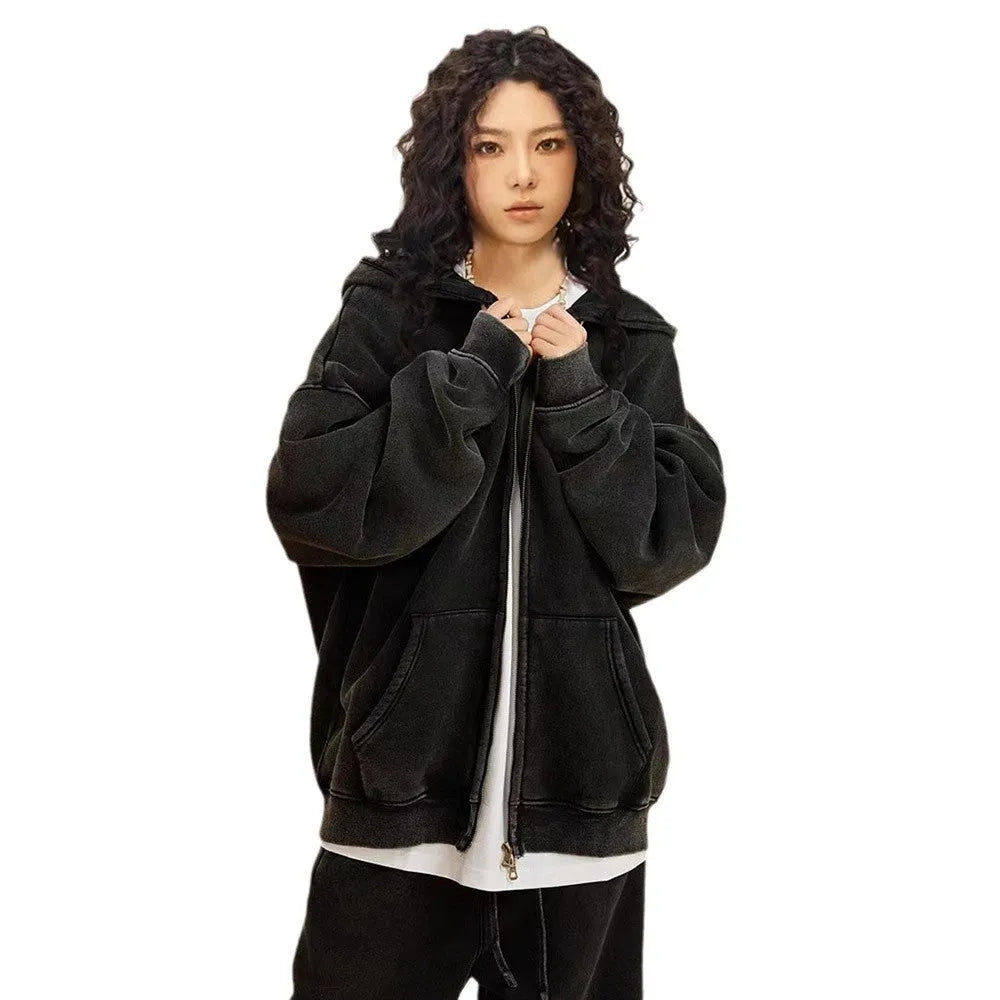 Men's vintage washed cotton hooded cardigan with fleece lining and a double front zipper.