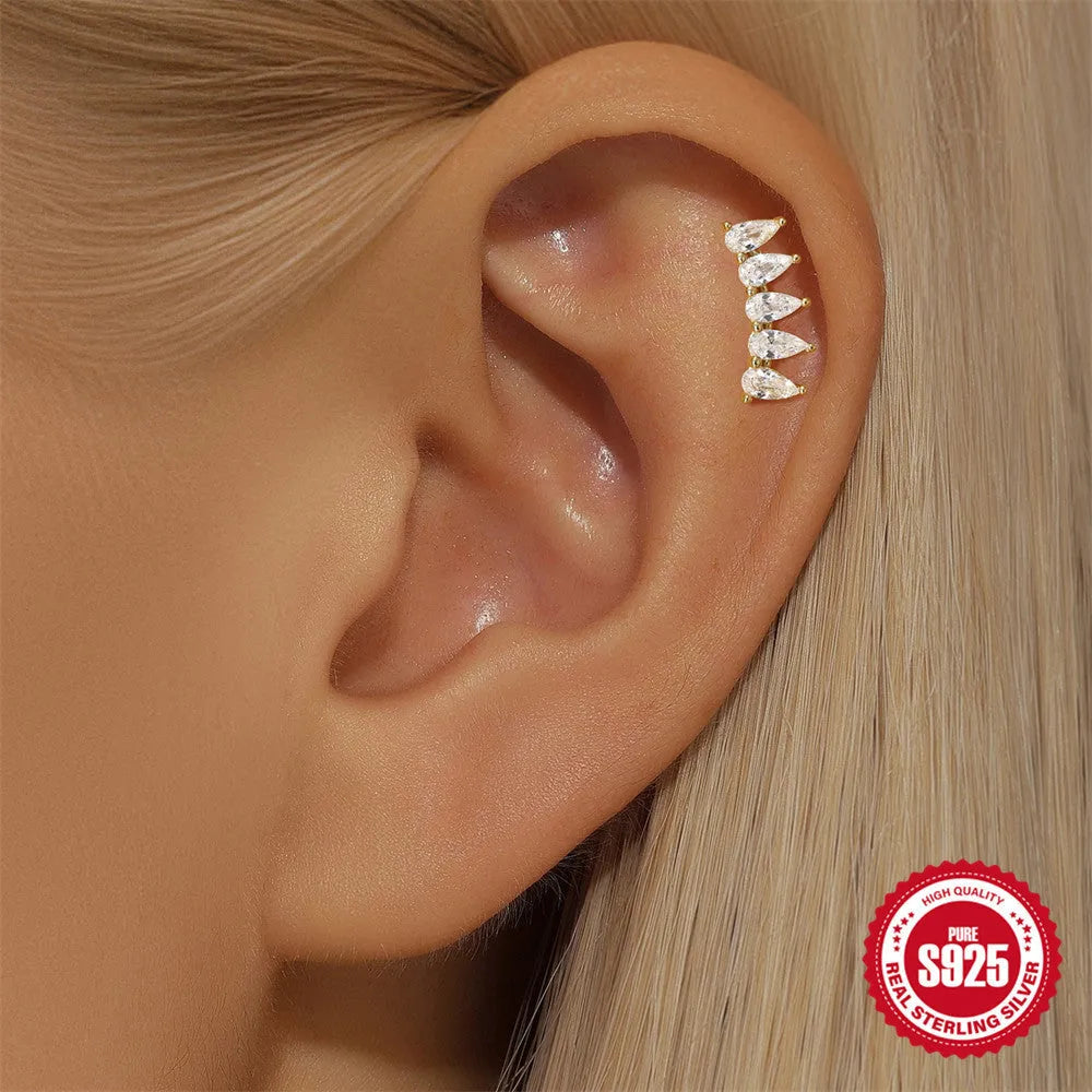 S925 sterling silver geometric moon diamond star piercing earrings in a gold colour finish.
