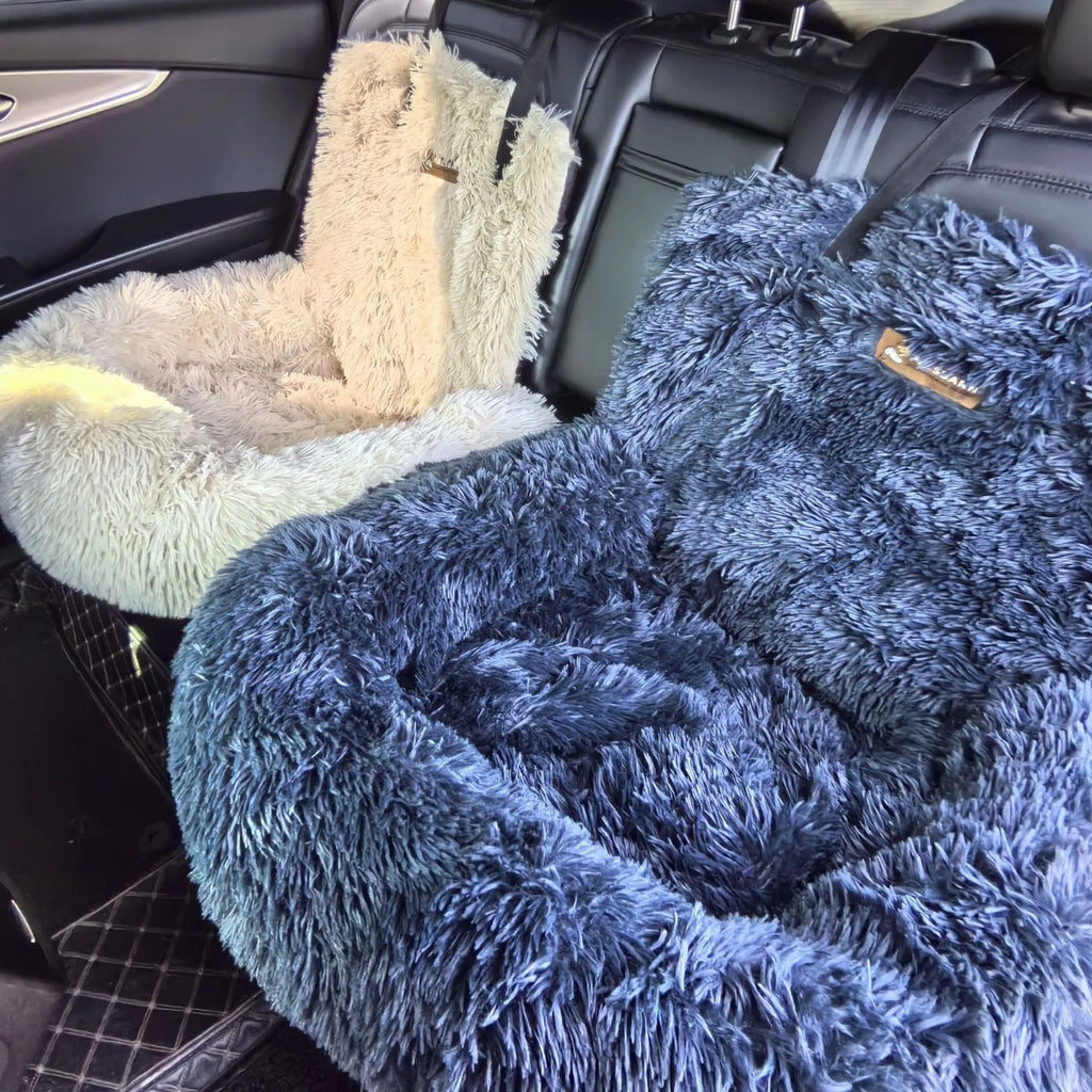 Dark grey thicken cloth pet mat placed on a car seat, showing its size and texture.
