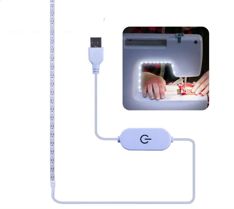 Photon Lighting flexible USB LED light strip bent into a curve showing its adhesive backing and touch control.