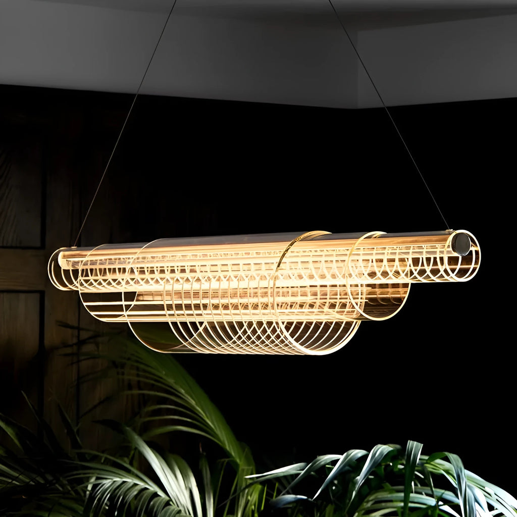 Minimalist modern glass pendant lamp with iron body in three hanging lengths.