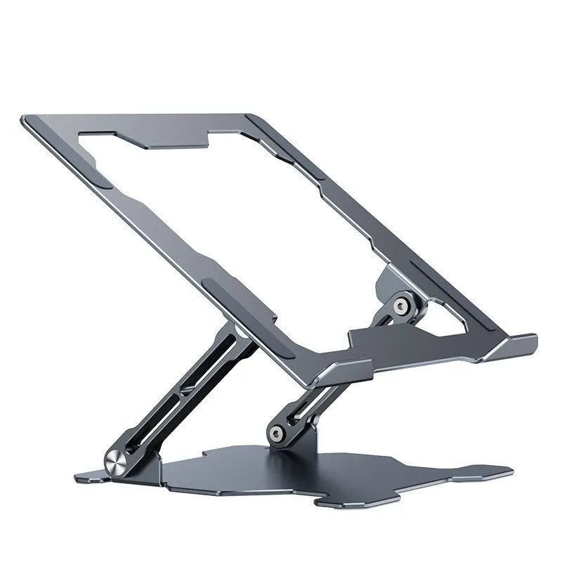 Grey aluminium adjustable laptop stand in folded position showing hollow design and silicone pads