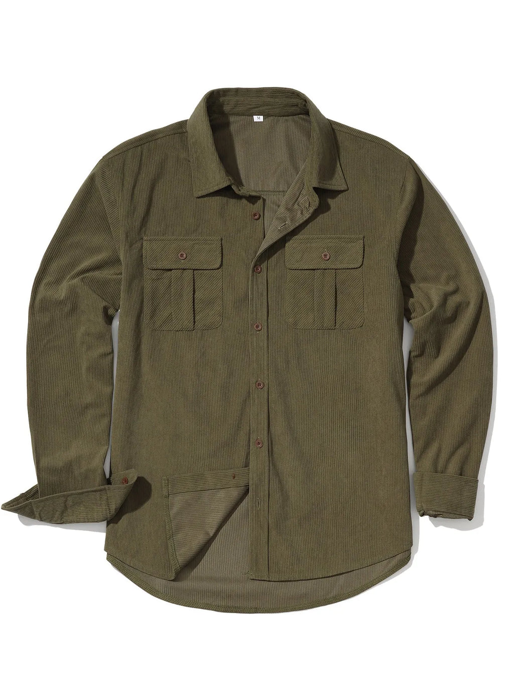 Men's loose fit corduroy shirt in army green colour with long sleeves and retro styling