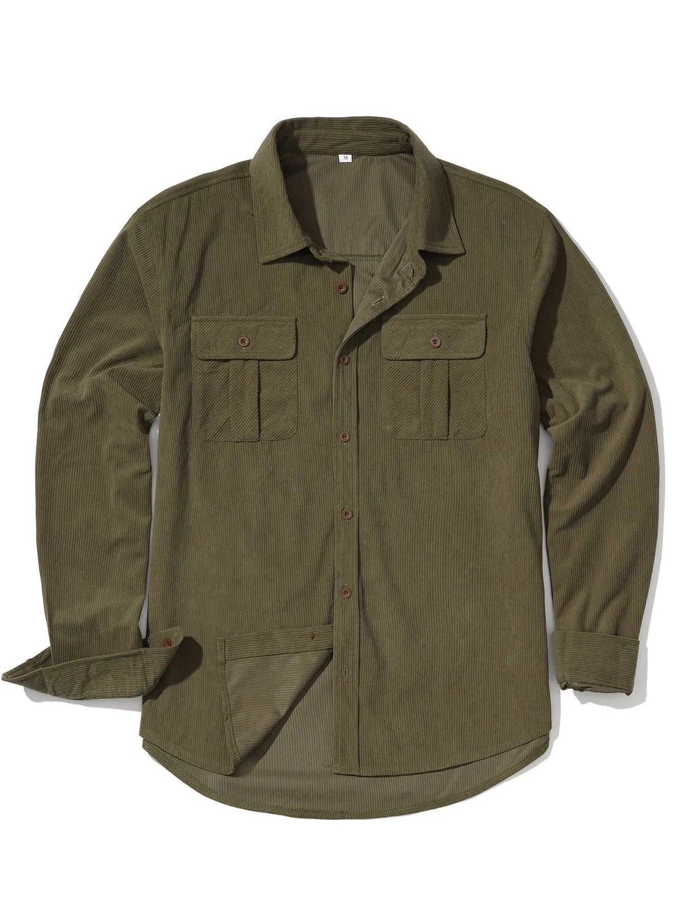 Men's loose fit corduroy shirt in army green colour with long sleeves and retro styling