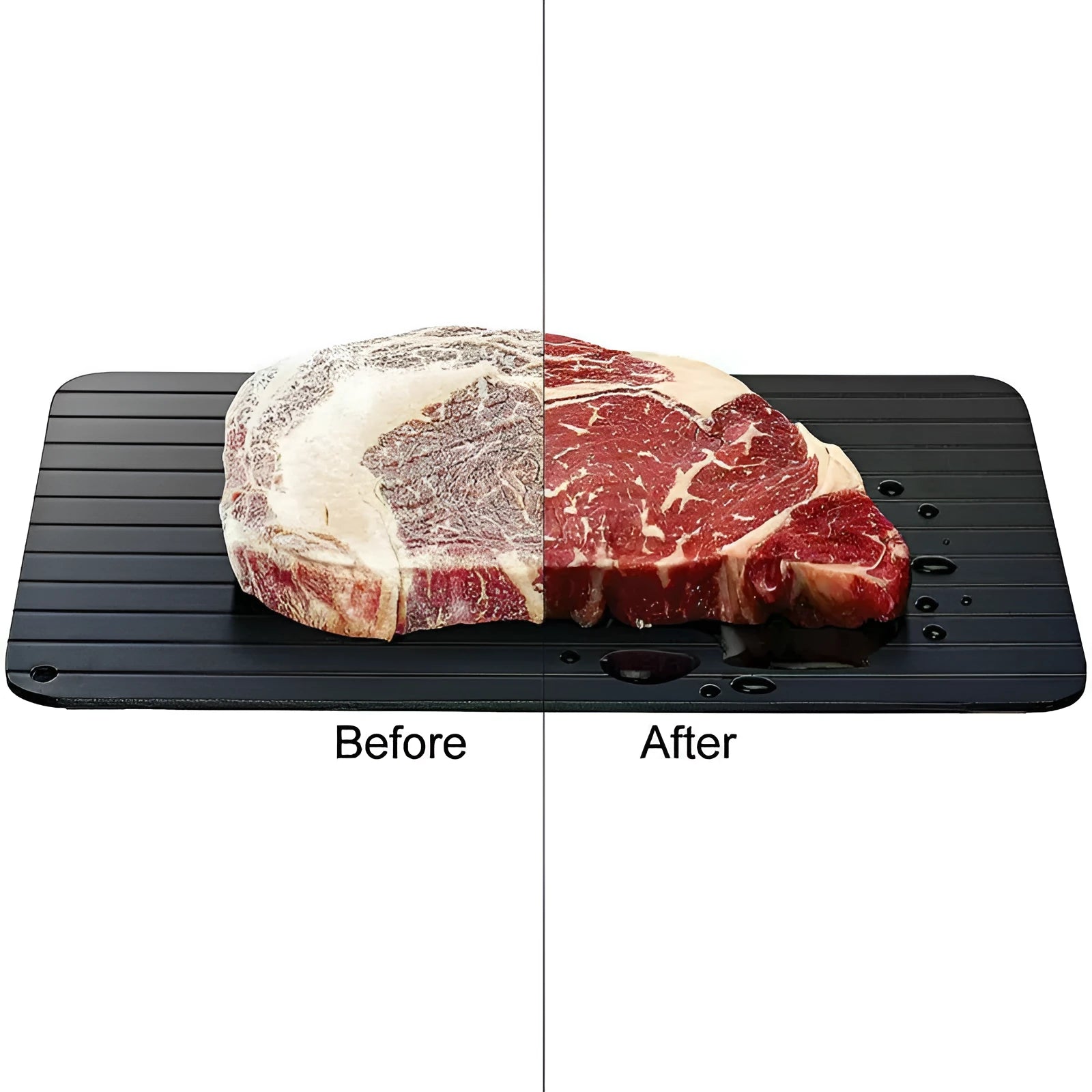 Black aluminium fast defrosting tray for kitchen use measuring approximately 23cm by 16.5cm