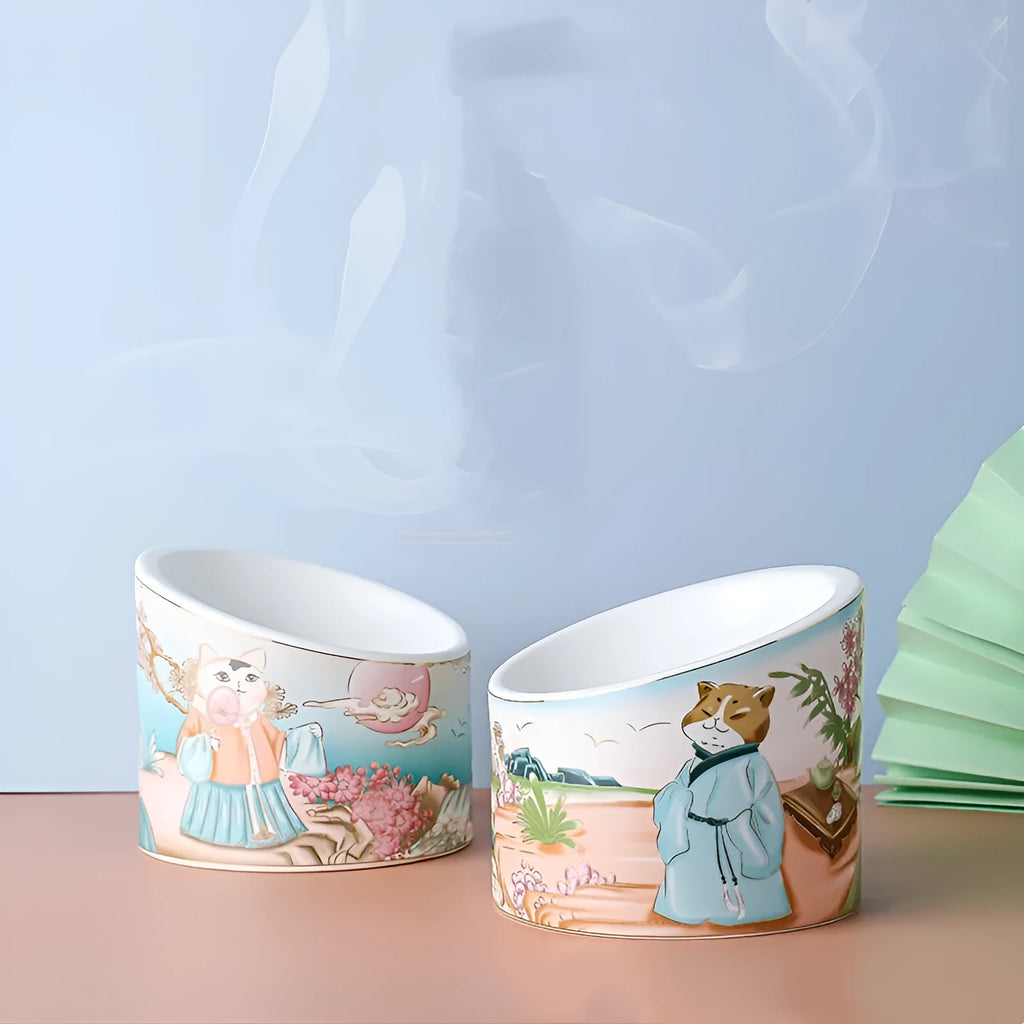 Chinese style ceramic cat bowl with high legs and double oblique mouth compartments
