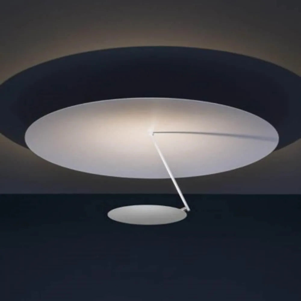 Iron ceiling lamp with a 50cm diameter in a white or white gold finish, showing integrated LED warm lights.