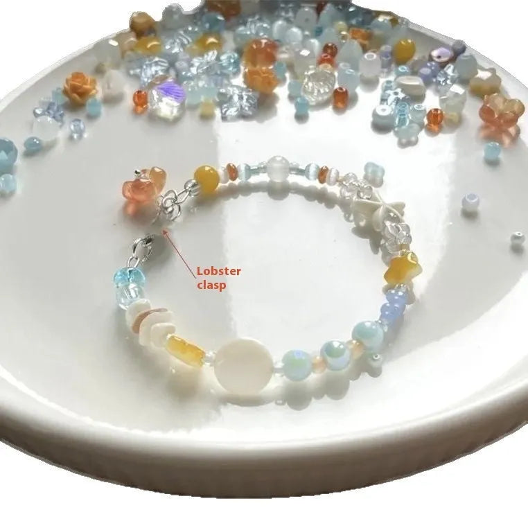 Orange mixed-material alloy bracelet with round and diamond beads for women, seaside summer accessory