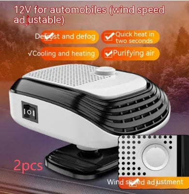 White or green portable 12V 24V warm air blower heater for car and truck use.