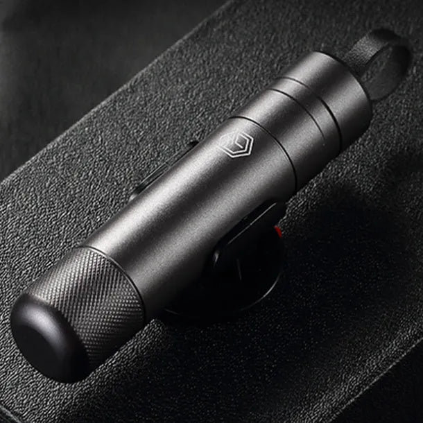 Gun grey aluminium alloy car safety hammer with glass breaking tip and seatbelt cutter