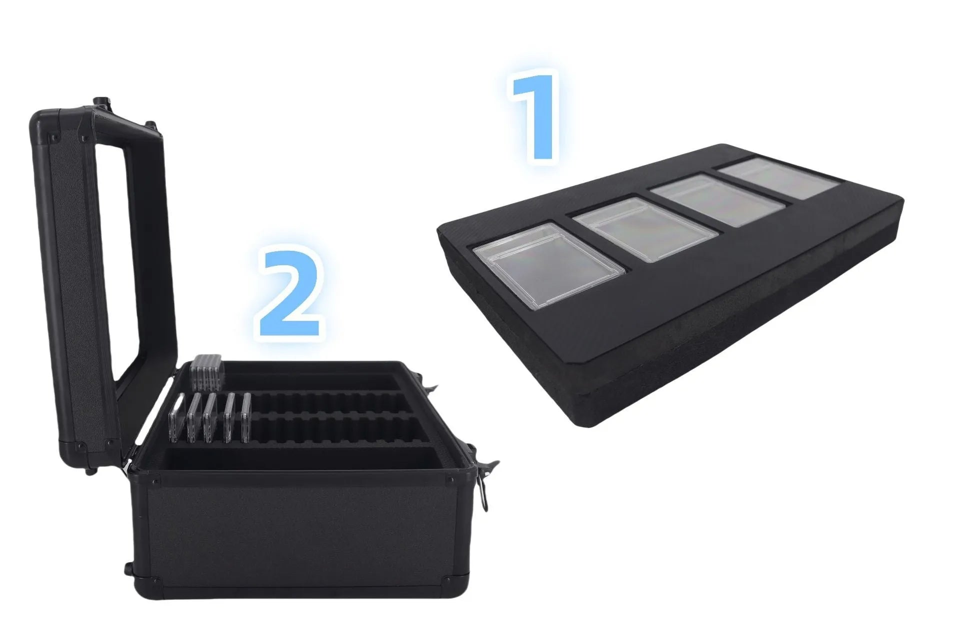 Black aluminium alloy three-slot portable magnetic brick storage box for PSA and BGS trading cards with handle