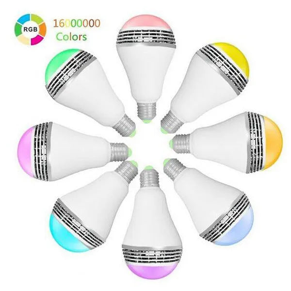 White LED smart bulb with E27 base, featuring integrated Bluetooth speaker for music and light.