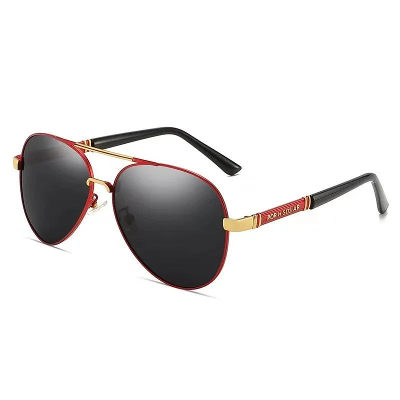 Men's gold metal frame polarised sunglasses with dragon decoration and grey lenses.