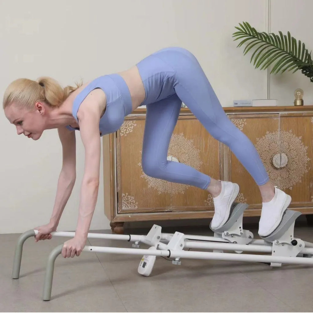 Starlight white foldable treadmill with integrated climbing frame for home fitness