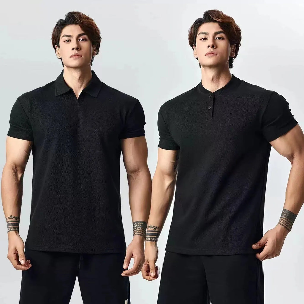 Retro men's loose fit t-shirt showing Henry collar and polo collar options in solid colours