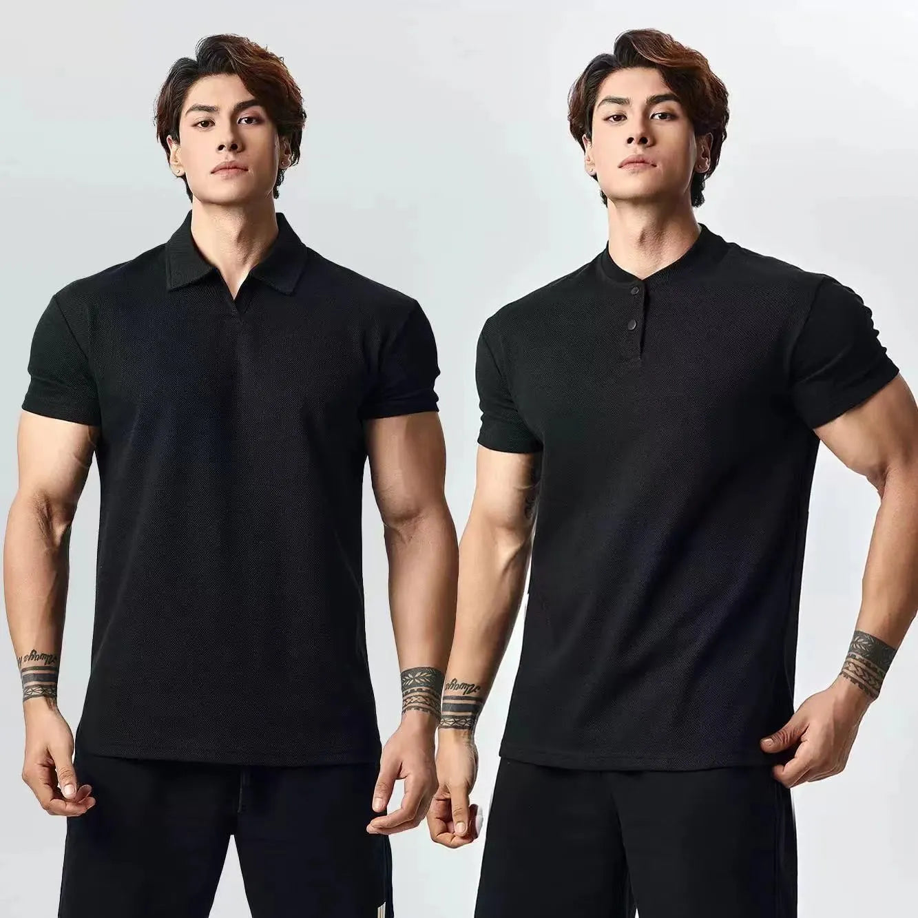 Retro men's loose fit t-shirt showing Henry collar and polo collar options in solid colours