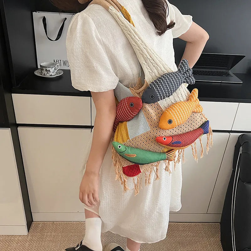 Women's soft cotton large capacity shoulder bag with tassel in khaki