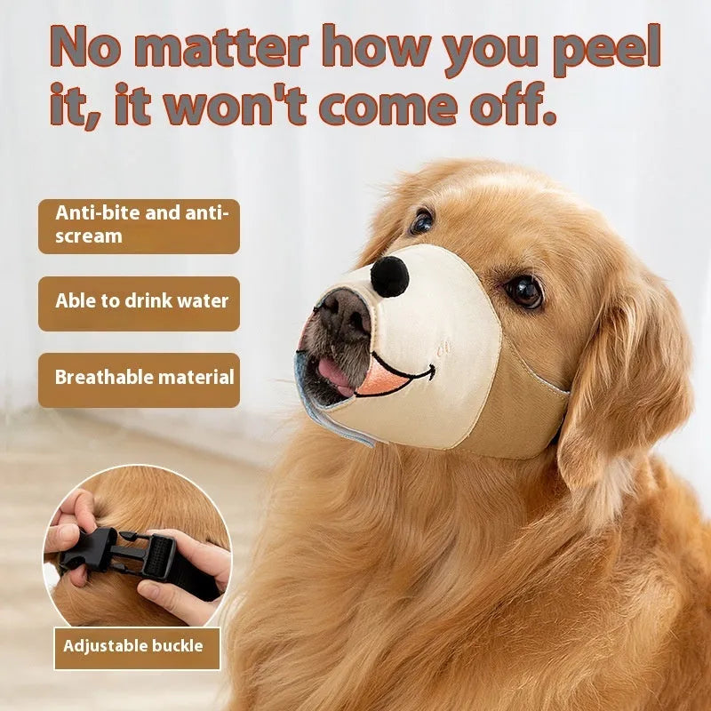 Canvas dog muzzle cover in Ollie brown bear colour, size chart showing S, M, L, XL for dogs 3kg to 50kg.